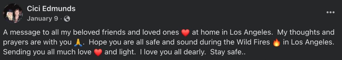 Facebook post from Cici Edmunds about Pacific Palisades fires