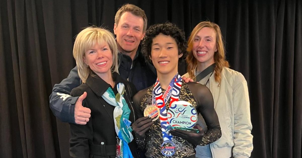 Professional figure skater Spencer Lane with Anne Goldberg-Baldwin, Evgenia Shishkova, and Vadim Naumov.