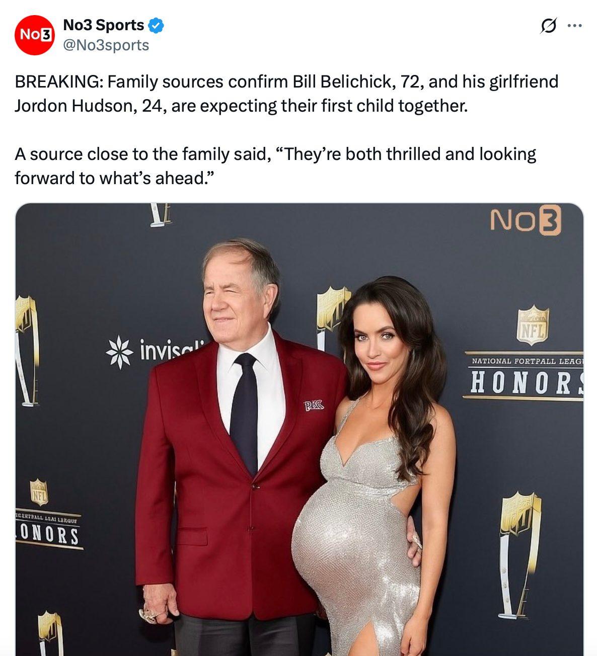 Source claims Bill Belichick and Jordan Hudson are expecting a child.