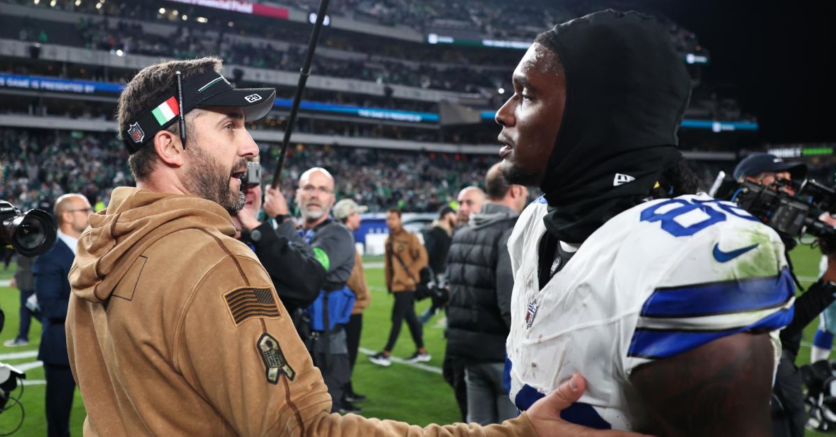 Philadelphia Eagles head coach Nick Sirianni sports an Italian flag decal on his visor.