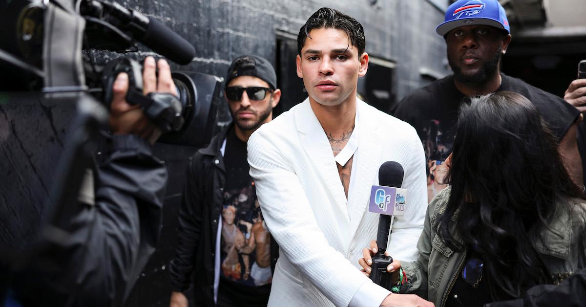 Ryan Garcia is interviewed as he leaves following the Ryan Garcia v Devin Haney press tour at Avalon Hollywood & Bardot on February 29, 2024 in L.A.