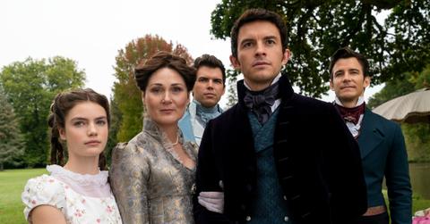 Florence Emilia Hunt as Hyacinth Bridgerton, Ruth Gemmell as Lady Violet Bridgerton, Luke Newton as Colin Bridgerton, Jonathan Bailey as Anthony Bridgerton, Luke Thompson as Benedict Bridgerton
