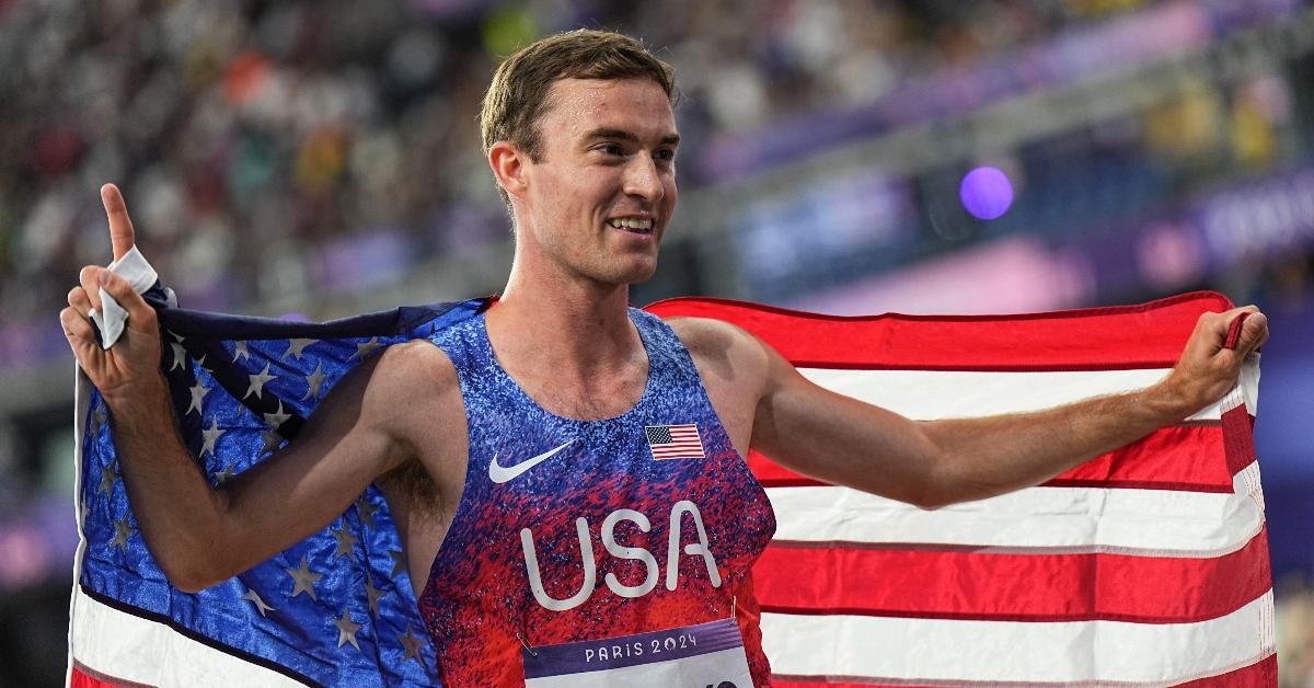 07 August 2024, France, Saint-Denis: Olympics, Paris 2024, Athletics, Stade de France, 3000 m steeplechase, men, final, runner-up Kenneth Rooks from the USA celebrates after the race. Photo: Michael Kappeler/dpa (Photo by Michael Kappeler/picture alliance via Getty Images)