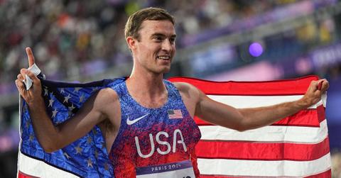 07 August 2024, France, Saint-Denis: Olympics, Paris 2024, Athletics, Stade de France, 3000 m steeplechase, men, final, runner-up Kenneth Rooks from the USA celebrates after the race. Photo: Michael Kappeler/dpa (Photo by Michael Kappeler/picture alliance via Getty Images)