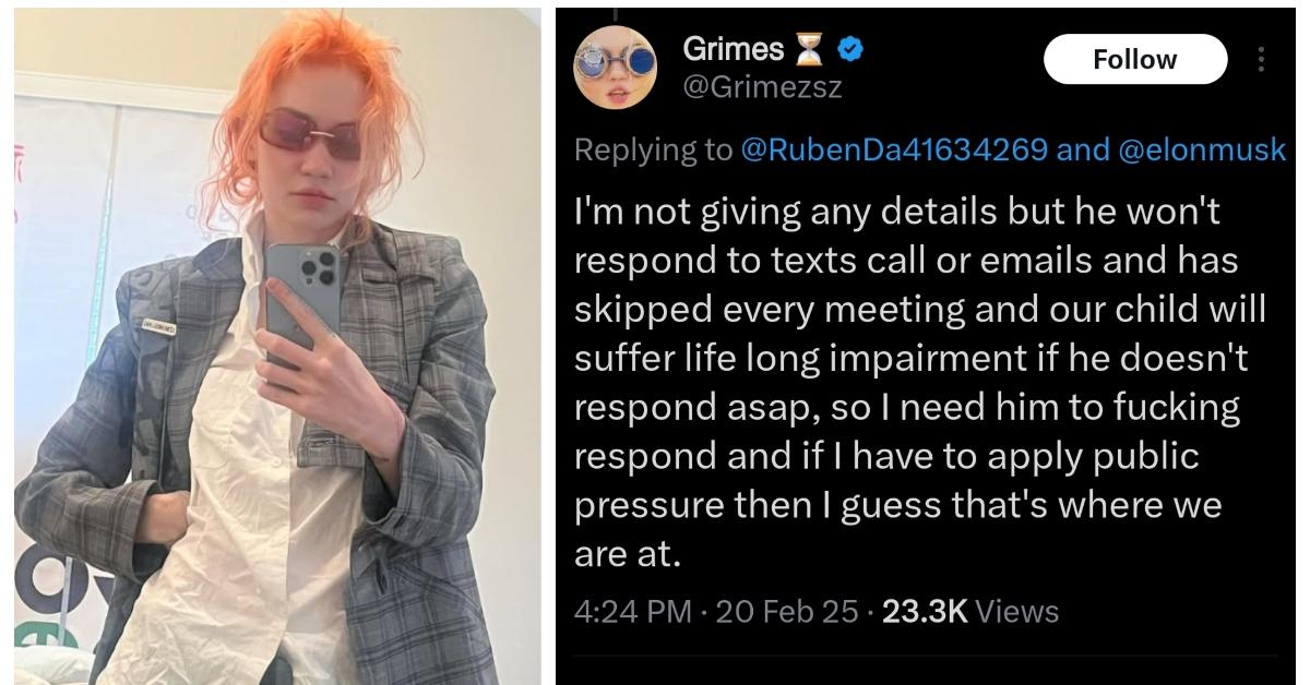 (L-R): Grimes; post to X from Grimes about her child's medical crisis