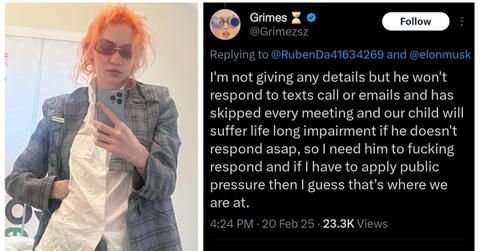 (L-R): Grimes; post to X from Grimes about her child's medical crisis