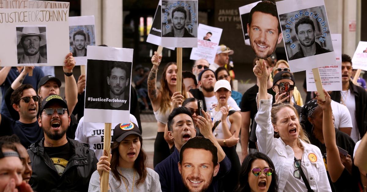 Friends and family protest in front of City Hall to call for justice in the shooting death of actor Johnny Wactor