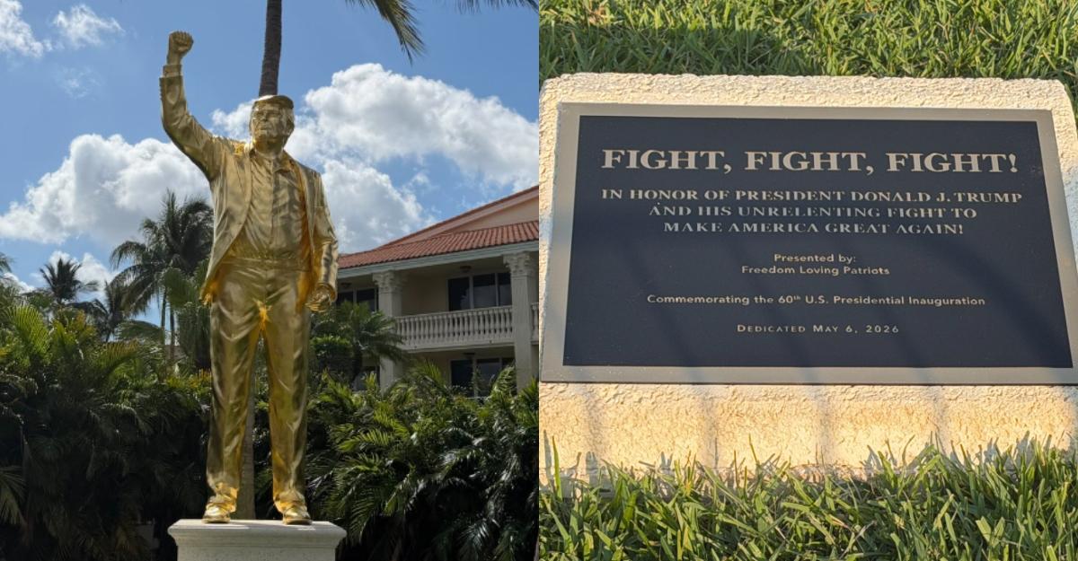 A gold statue of Trump went up at his Florida golf course. The plaque says, "Fight, Fight, Fight!"