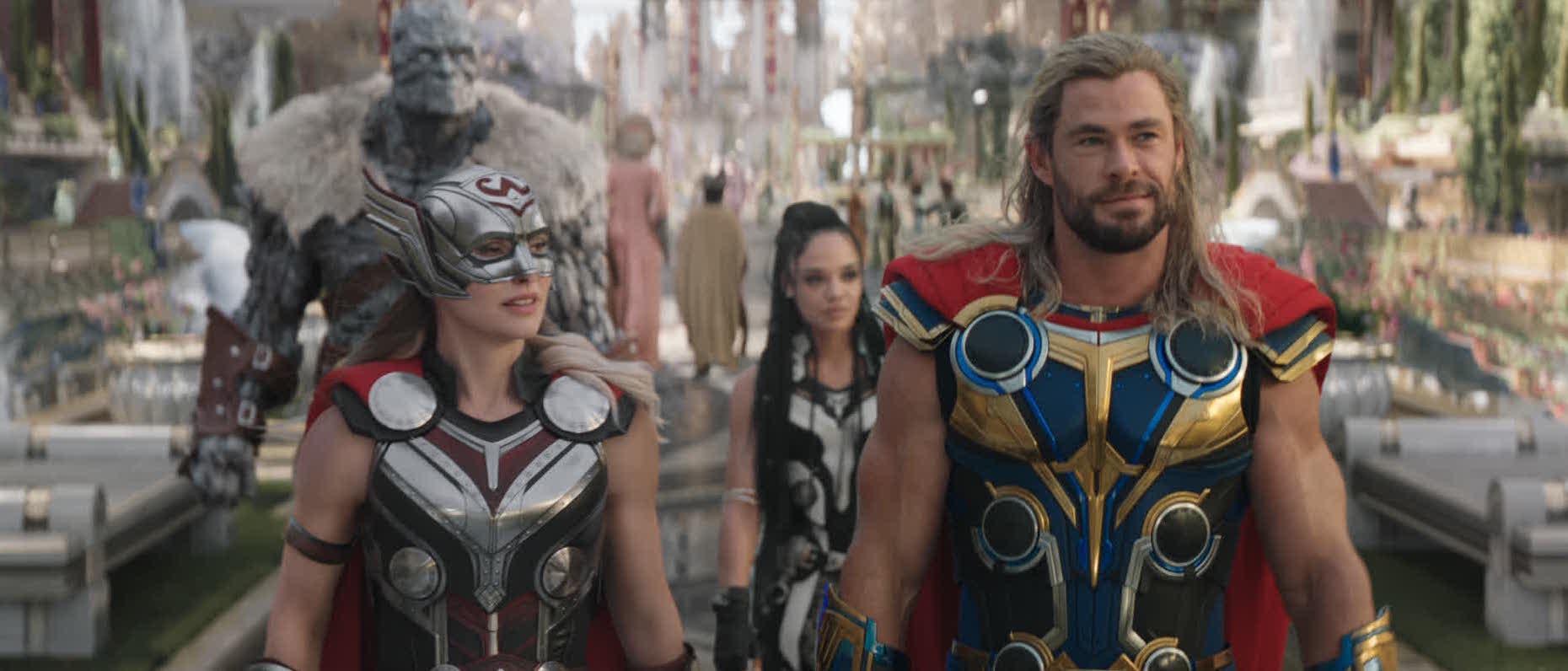 Thor, Mighty Thor, Korg, and King Valkyrie in 'Thor: Love and Thunder.'