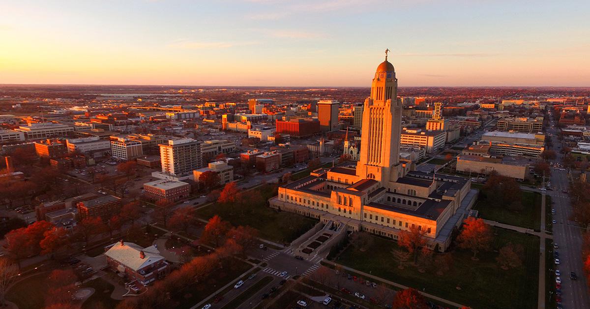 An overhead shot of the capitol building in Omaha. 