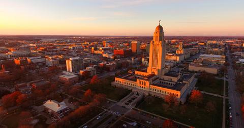 An overhead shot of the capitol building in Omaha.