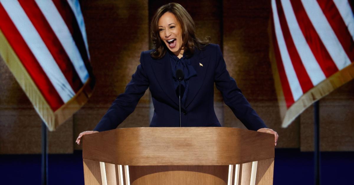 Democratic presidential candidate, U.S. Vice President Kamala Harris speaks onstage during the final day of the Democratic National Convention