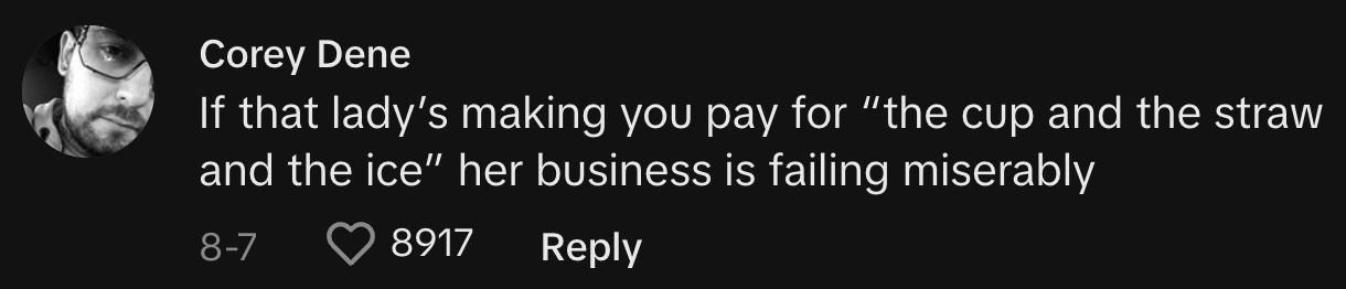 TikToker @white.mr.west commented, "If that lady's making you pay for 'the cup and the straw and the ice,' her business is failing miserably."