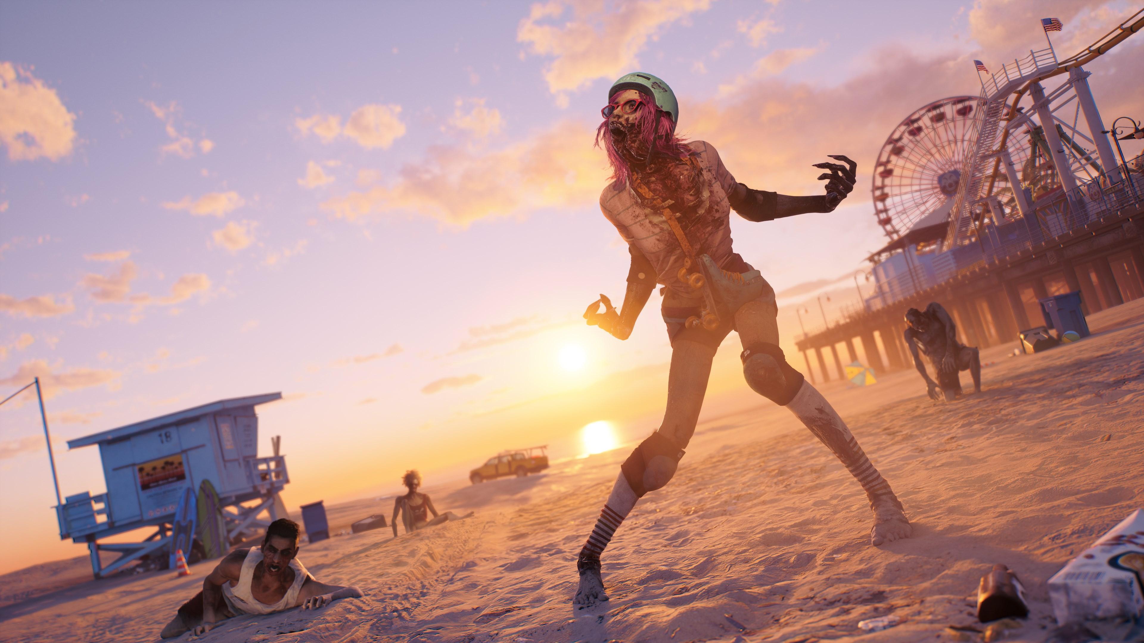 'Dead Island 2' Zombies prowling a beach at sunset.