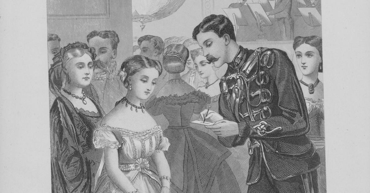 Engraving of 'The first ball', depicting a young lady giving her name to a gentleman as a debutante, circa 1850-1900.