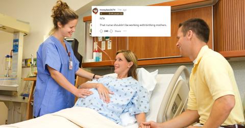 A husband, wife, and nurse in a maternity room at a hospital.
