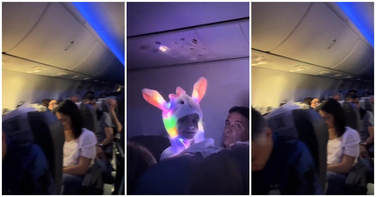 (l-r): Passengers on a flight and a child wearing a strobe light hat