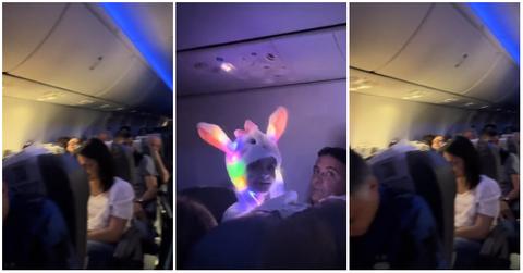 (l-r): Passengers on a flight and a child wearing a strobe light hat