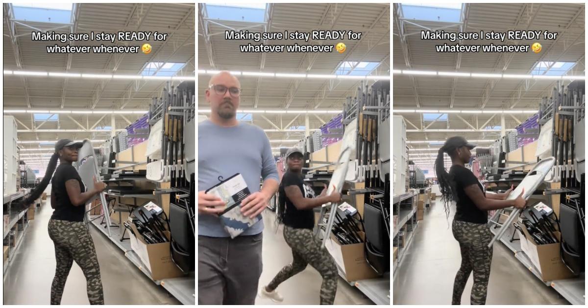 Woman with braids wields folding chair at a white man in walmart.