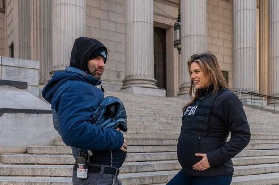 A pregnant Missy Peregrym and crew member on 'FBI'