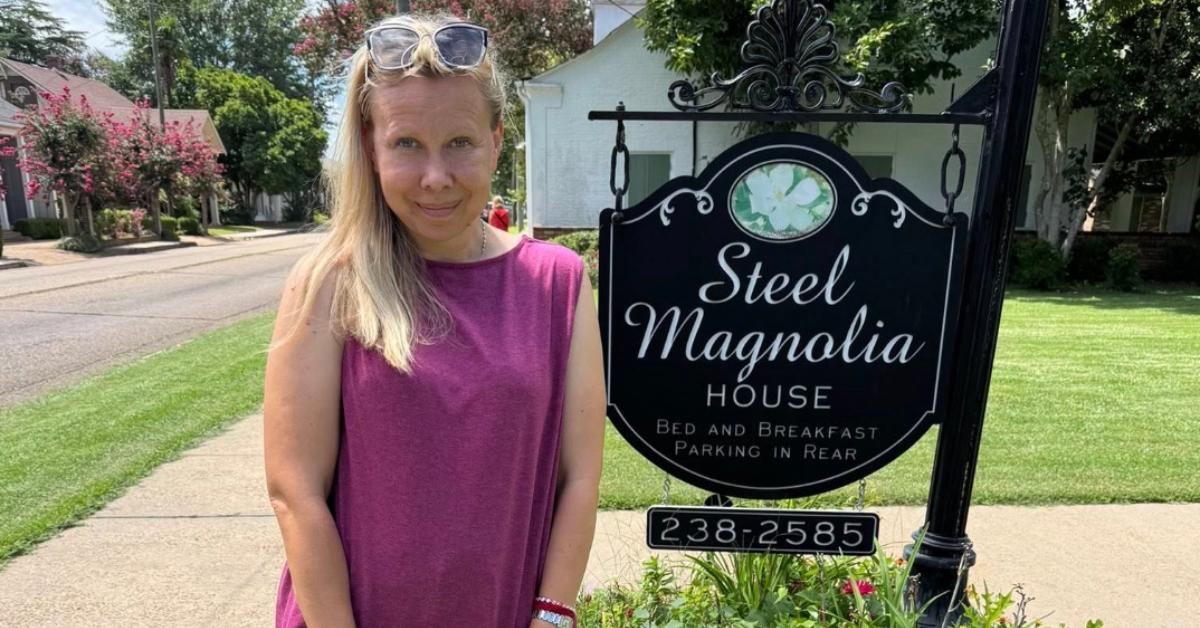 Oksana Baiul in front of the Steel Magnolia house