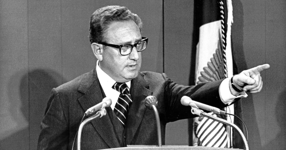 Henry Kissinger holds a press conference at the Department of State, Washington DC, March 26, 1975.