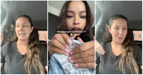 Woman (center) claims she has been scammed by Lila, owner of the brand talks in the car and looks upset.