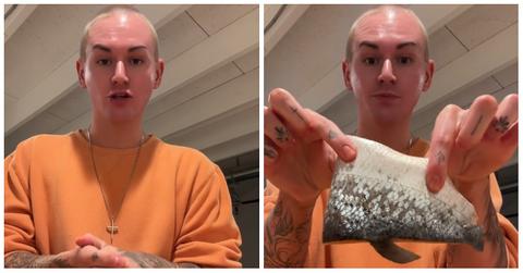 Trader Joe's customer shows salmon fillet he bought with fin still intact.