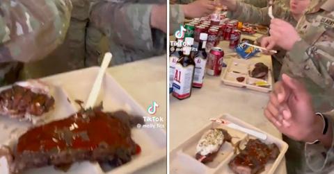 Troops eating steak and lobster.