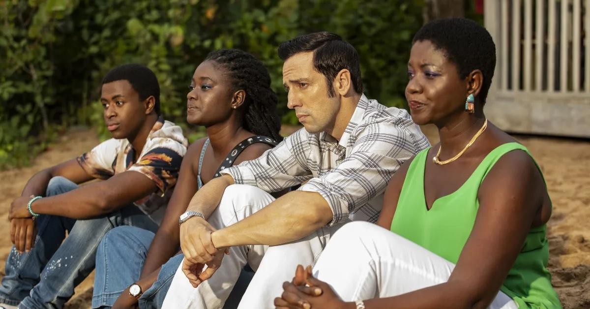 Marlon Pryce (Tahj Miles) in 'Death in Paradise' with fellow cast members Ralf Little, Shantol Jackson, and Darlene Holder