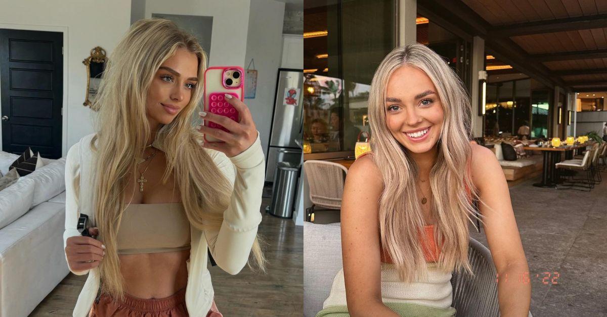 (left) Miranda poses for a mirror selfie with her phone in the mirror (right) Camille smiles and poses for a photo in a restaurant.