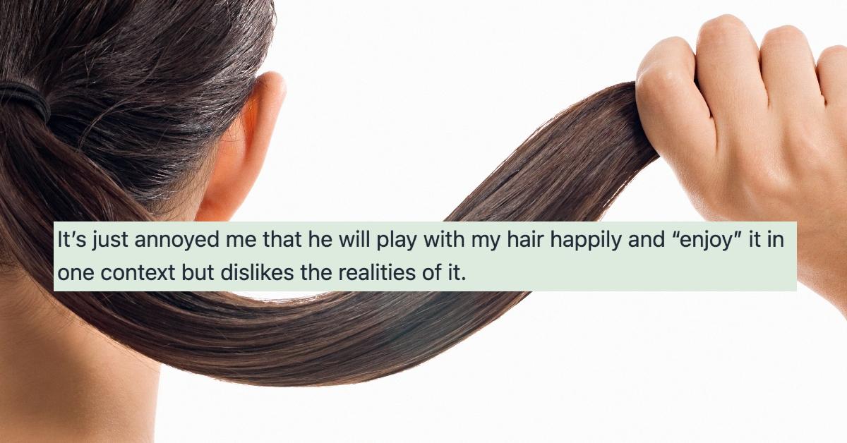 Woman holding her long dark hair in a ponytail, boyfriend wants her to wear it up to stop shedding - mumsnet post