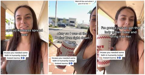 Woman talks about getting instant good Karma after bringing a Dollar Tree cashier a Diet Coke.