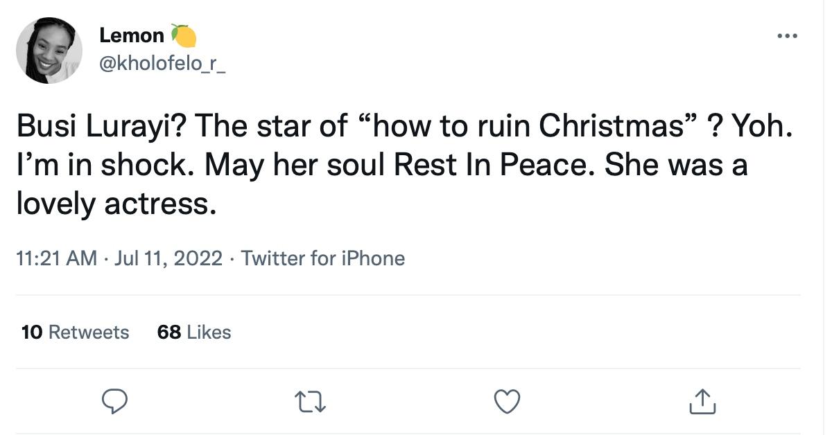 A tweet about Busi Lurayi's passing