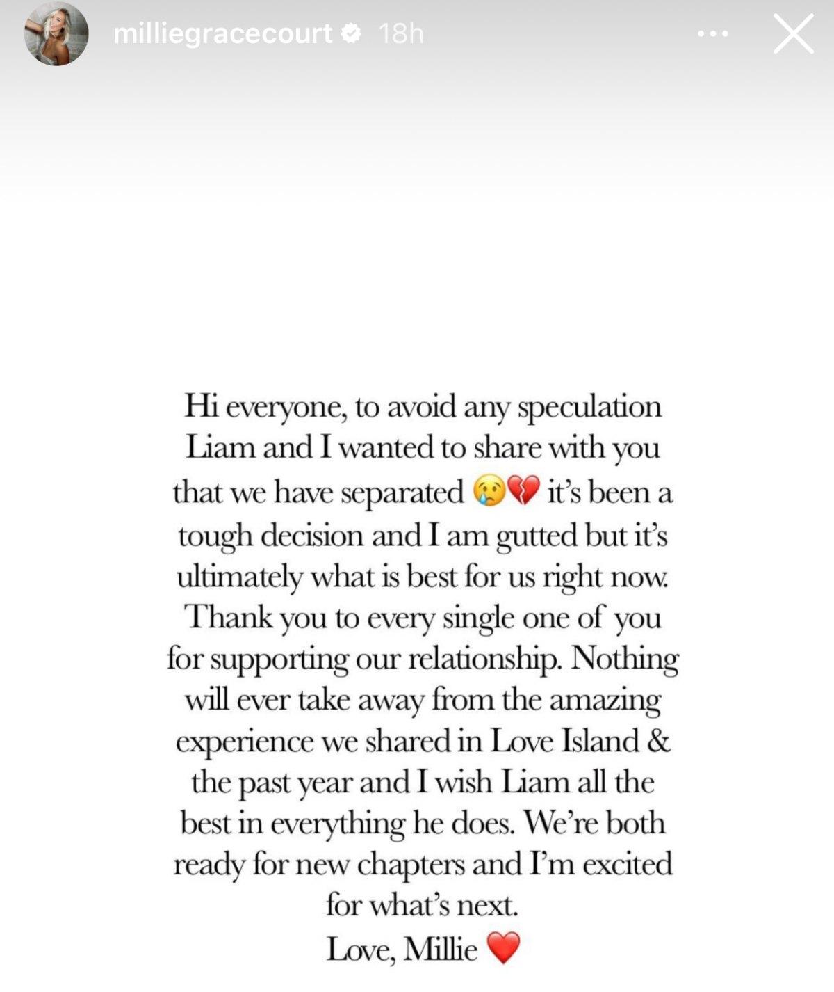 Millie Court Liam Reardon breakup announcement on Instagram