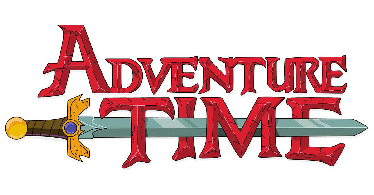 Adventure Time logo featuring a sword and red text. 