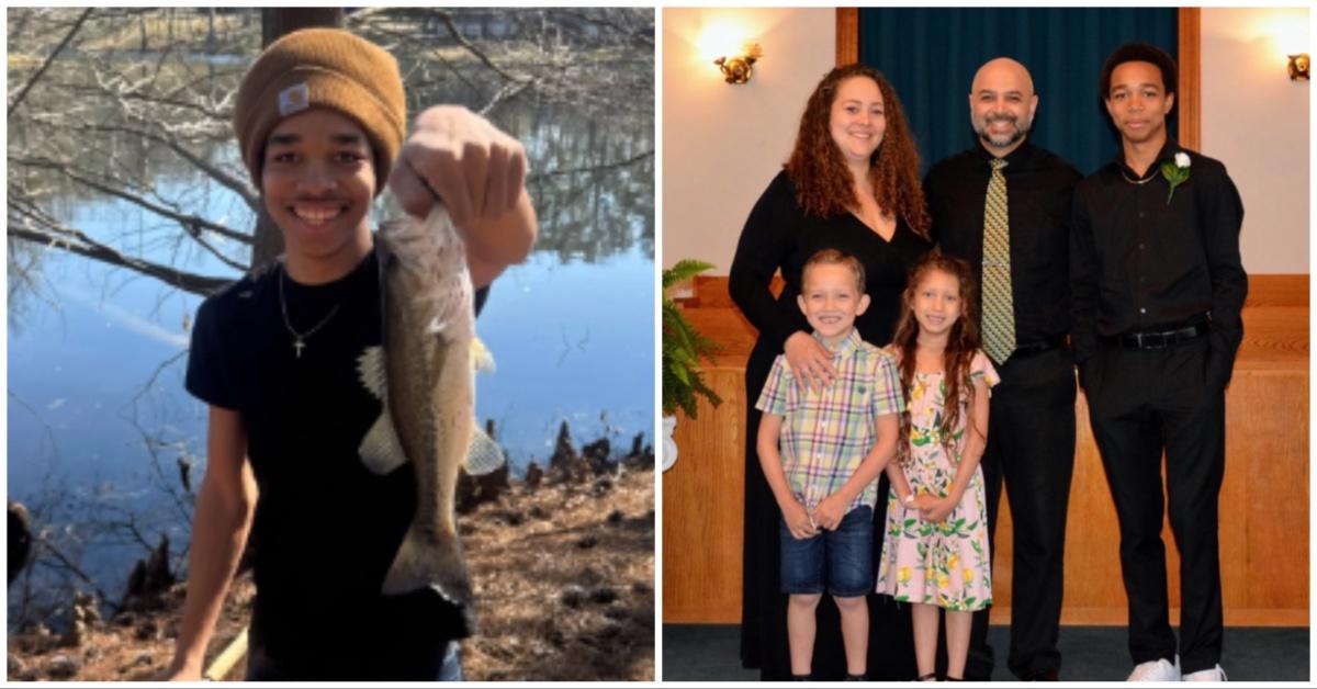 Giovanni Pelletier catches a fish; The Pelletier Family poses for a picture.