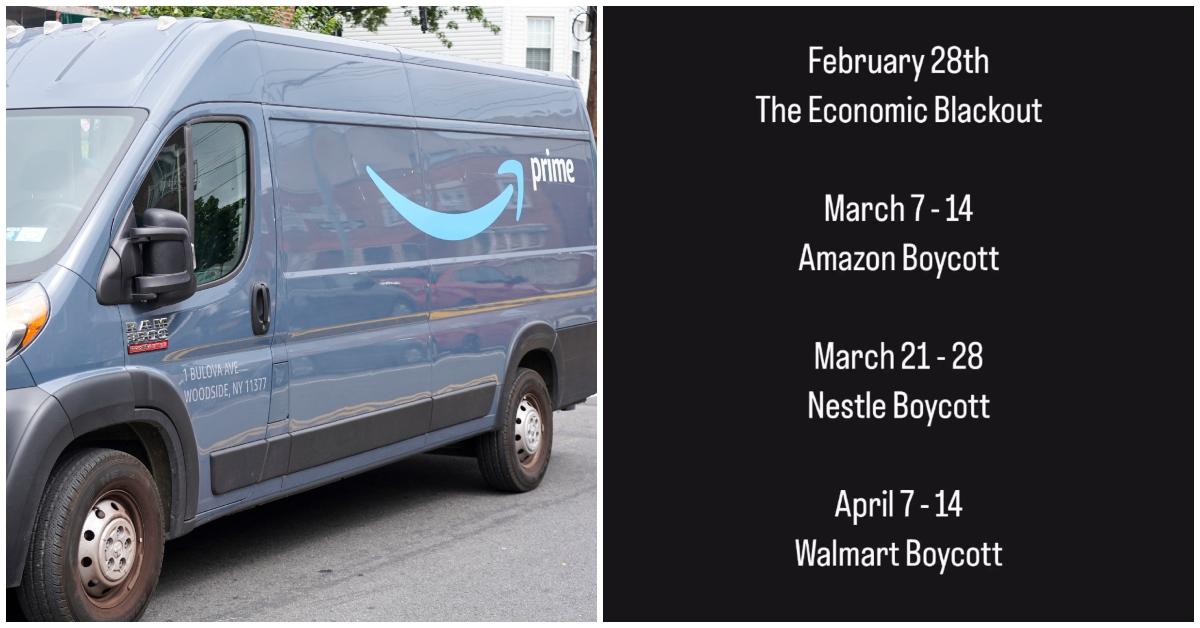 (l-r): An Amazon Prime van and the economic blackout agenda