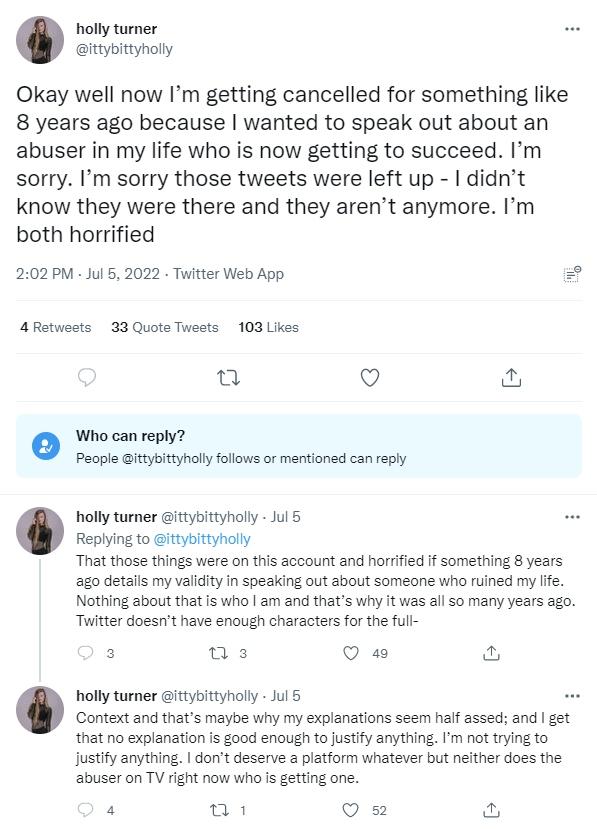 Holly Turner's response to old tweets