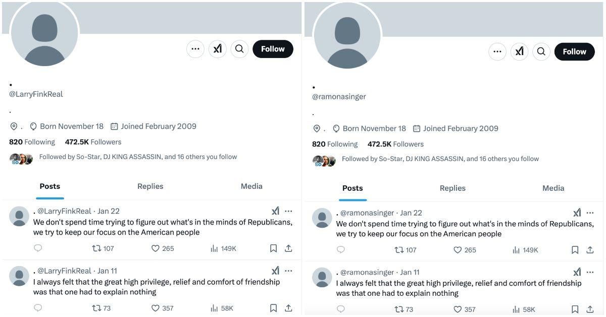 Larry Fink and Ramona Singer's X accounts seem to contain the same content.