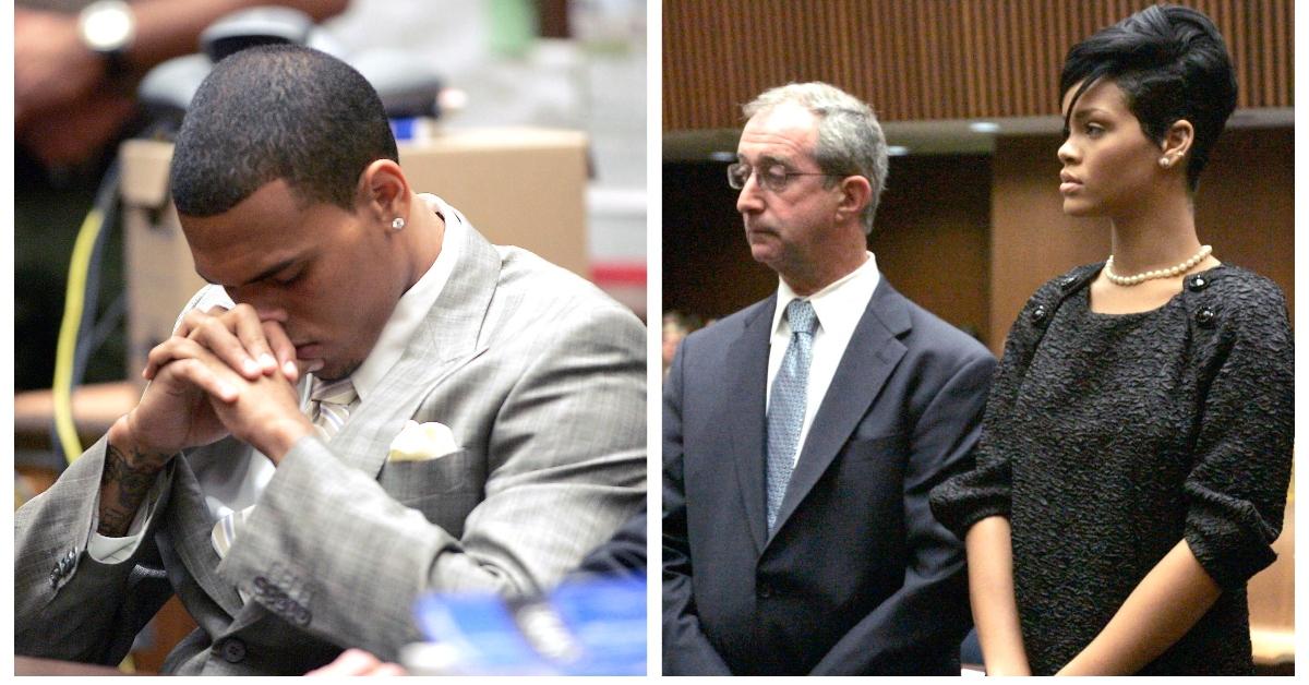 (L-R): Chris Brown in court; Rihanna and her lawyer in court