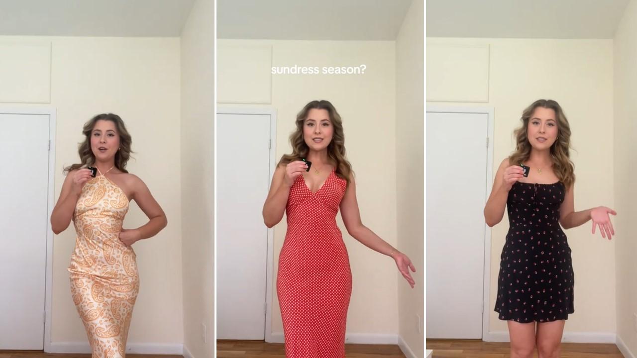 A woman modeling sundresses for sundress season