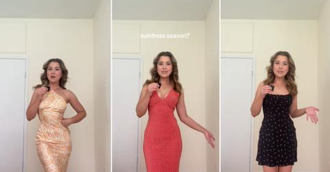 A woman modeling sundresses for sundress season