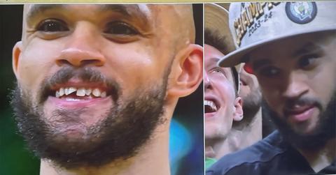 Derrick White flashing his smile during the NBA Finals.