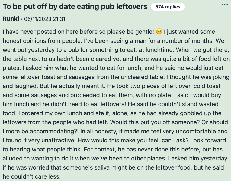 Am I Being Unreasonable post on Mumsnet from woman who says man on restaurant date ate the leftover food from a table that hadn't been cleared yet