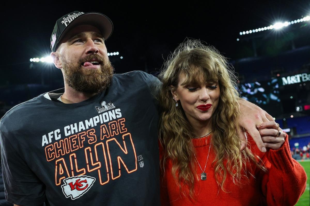 Travis Kelce and Taylor Swift celebrate AFC Championship win