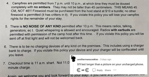 Campsite rules no charging phones