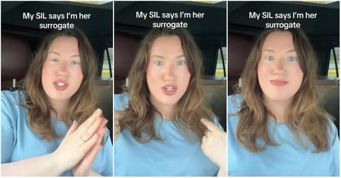 Woman tells story of SIL who tells family her brother's wife is her surrogate, but she's not.