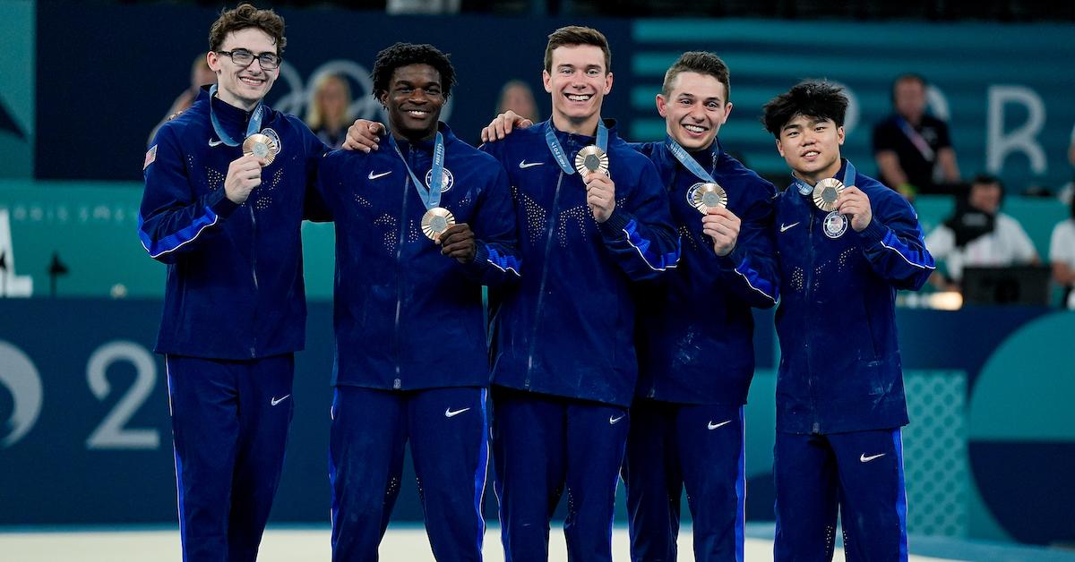 tephen Nedoroscik of United States, Frederick Richard of United States, Brody Malone of United States, Paul Juda of United States, Asher Hong of United States pose for a photo with their bronze medals during the Men's Artistic Gymnastics Team Final on day three of the Olympic Games Paris 2024 at Bercy Arena on July 29, 2024 in Paris