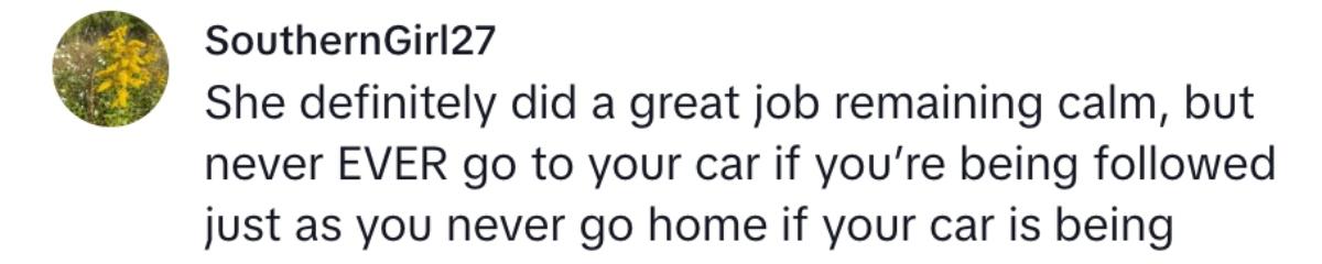 A commenter saying that women should never go to their car alone if they're being followed